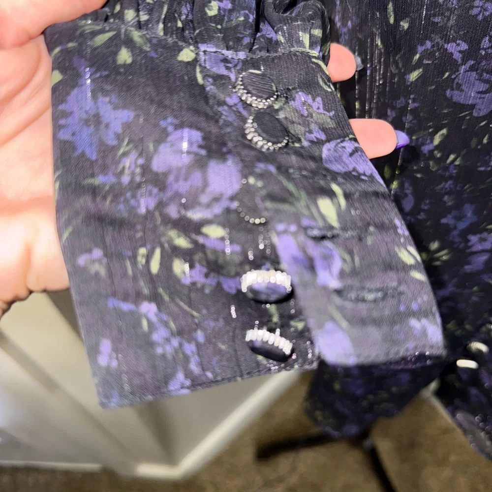 Elie Tahari‎ Whimsical Black and Purple Floral Blouse- Size XS